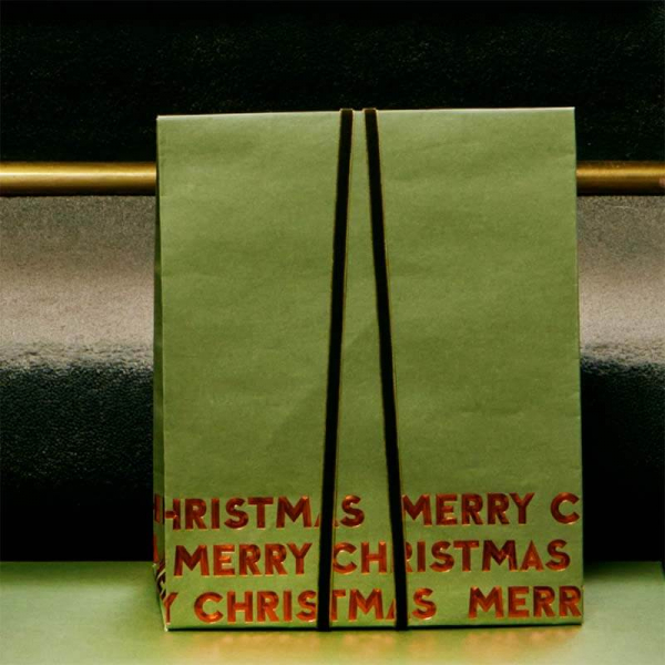 Gift wrap, gift bag, Merry Christmas green, embossed Merry Christmas cooper, ribbon velvet